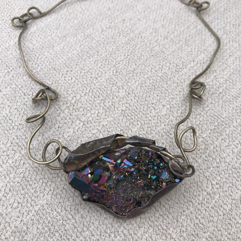 Irregular Rainbow Druzy Pendant Necklace - Multi-Color